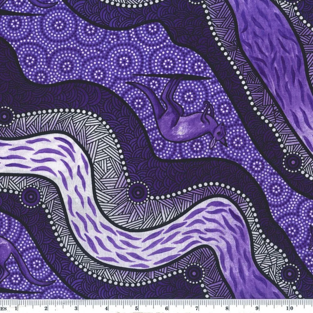 Aboriginal Australian Fabric - 100% Cotton - Kangaroo River Camp Purple