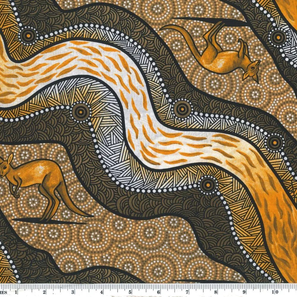 Aboriginal Australian Fabric - 100% Cotton - Kangaroo River Camp Tan