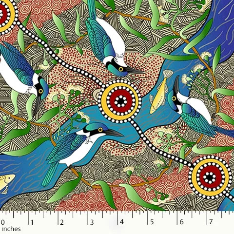 Aboriginal Australian Fabric - 100% Cotton - Kingfisher Camp by River Ecru