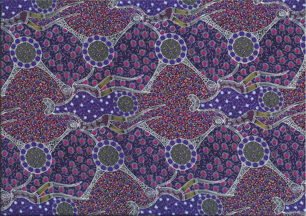 Aboriginal Australian Fabric - 100% Cotton - Women Dancing Near Waterhole Purple
