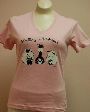 Knitting With Friends� - Womens    Small V Neck T Shirt 3 Friends Design in Pink