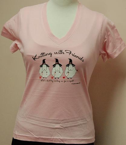 Knitting With Friends� - Womens    Small V Neck T Shirt Witches Design in Pink