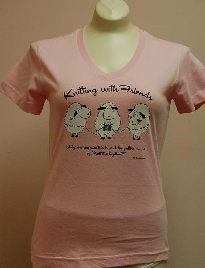 Knitting With Friends� - Womens  X-Large V Neck T Shirt Knit 2 Together Design in Pink