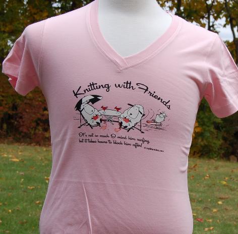 Knitting With Friends� - Womens    Small V Neck T Shirt Surfer Design in Pink