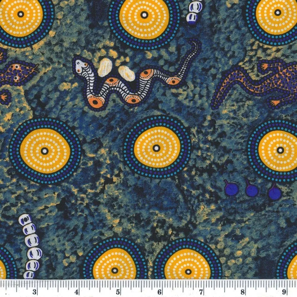Aboriginal Australian Fabric - 100% Cotton - Snake and Goanna Bush Tucker Blue