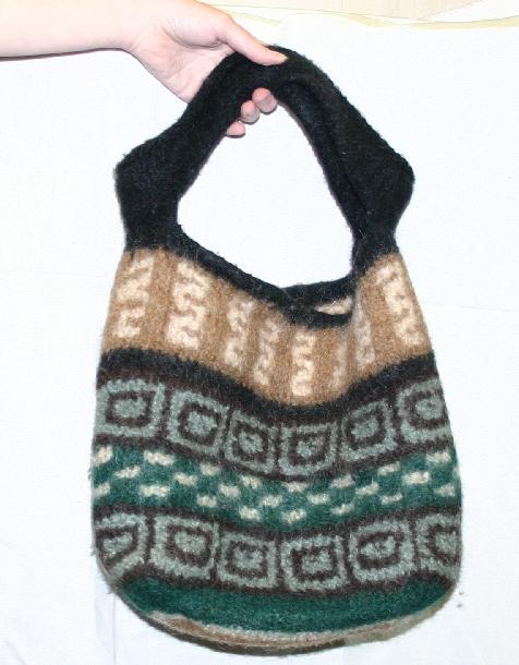 Hand Knit Garment GFB-064 - Felted Bag w Fair Isle Colorwork - Wool