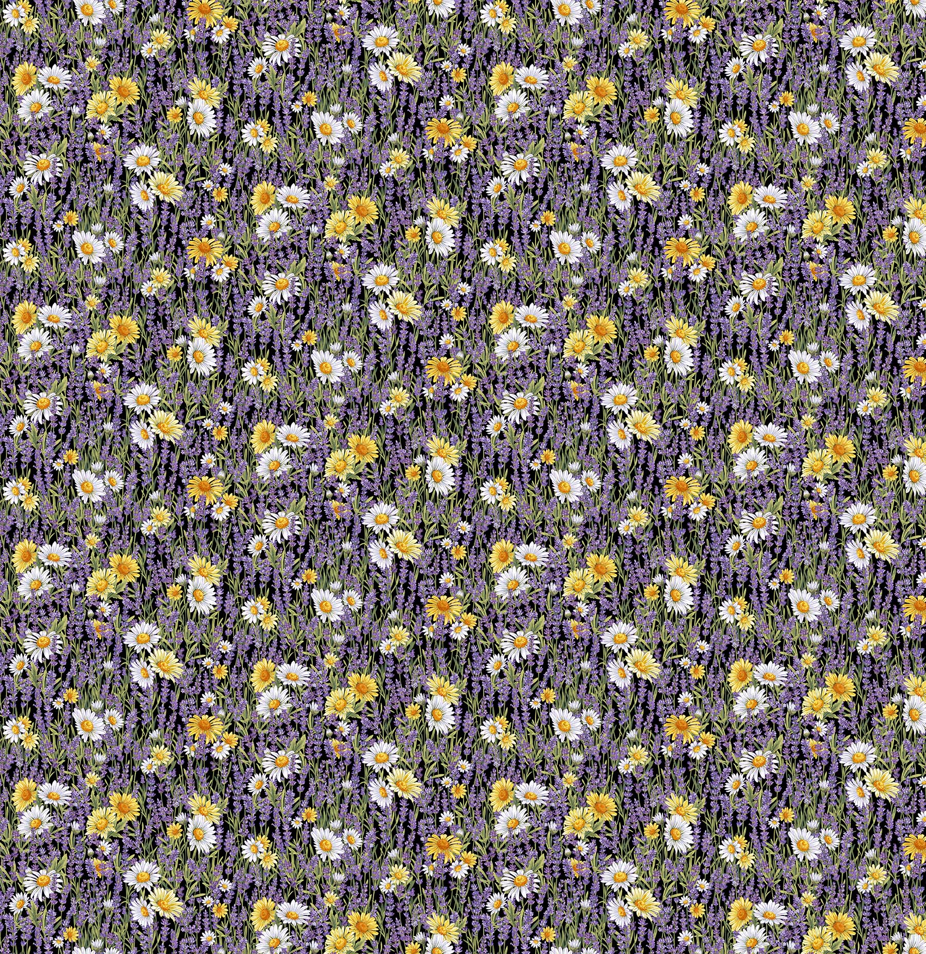 Lavender Market 100% Cotton Fabric - By the Yard - 24473-99 - Lavender and Daisies - Black Multi