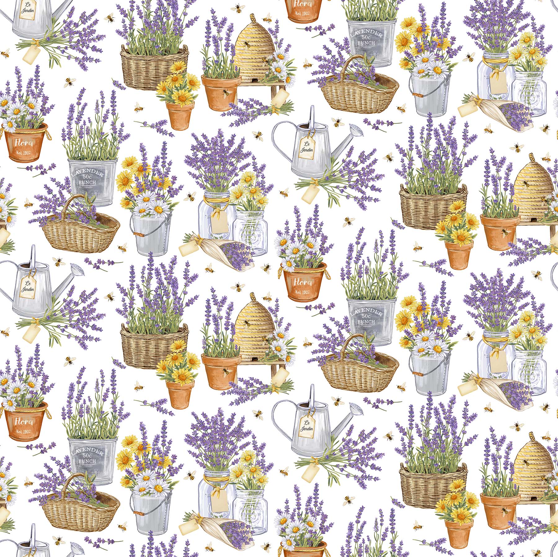 Lavender Market 100% Cotton Fabric - By the Yard - DP24469-10 - Lavender Feature  - White Multi