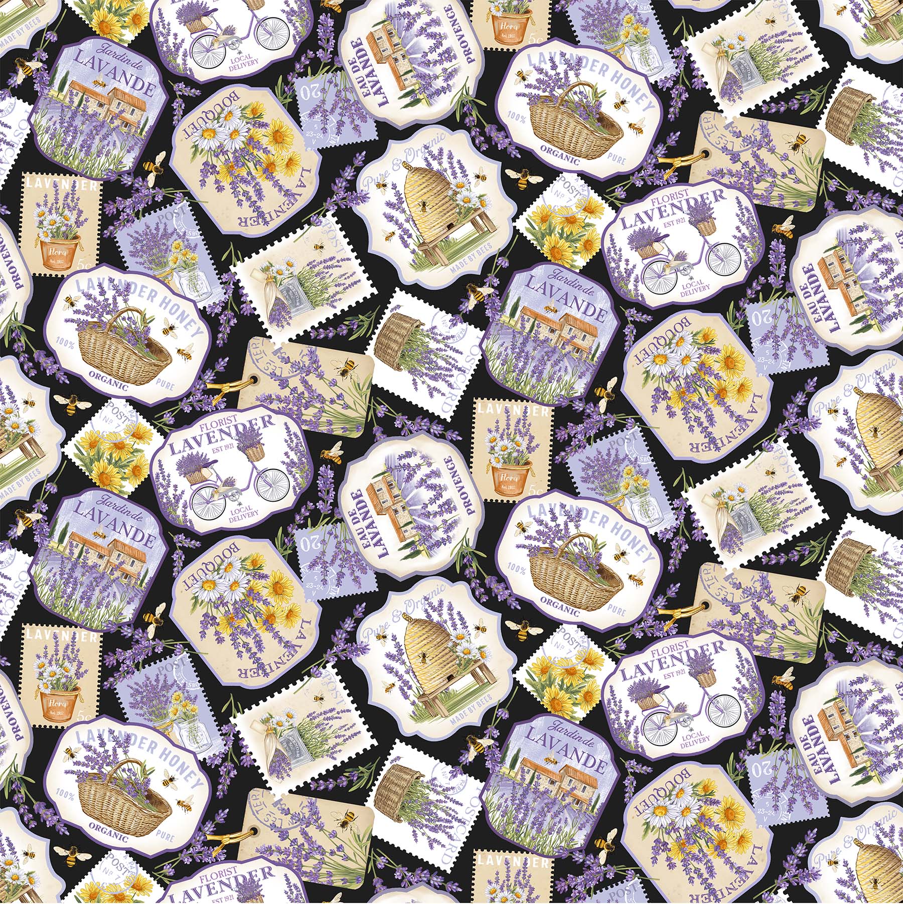 Lavender Market 100% Cotton Fabric - By the Yard - DP24470-99 - Lavender Labels - Black Multi