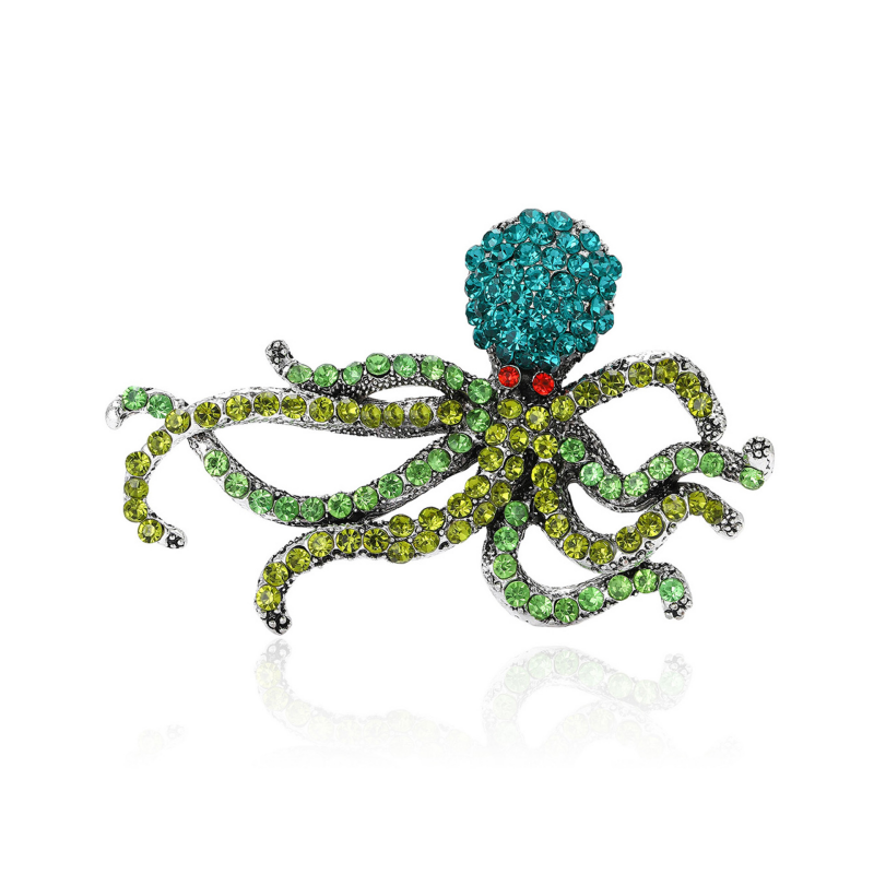 Rhinestone Brooch - Octopus Green