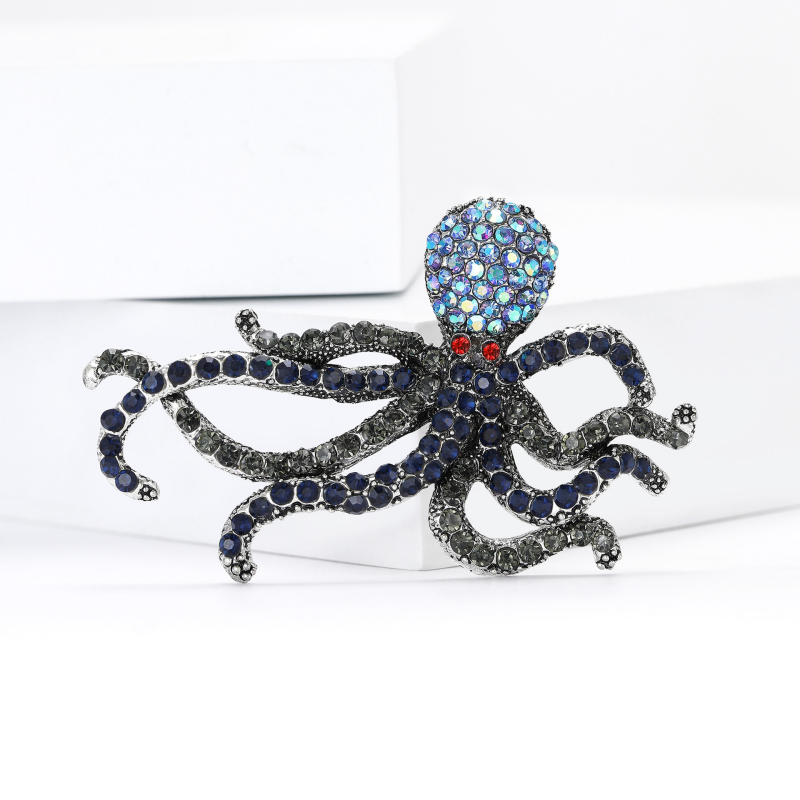 Rhinestone Brooch - Octopus Blue