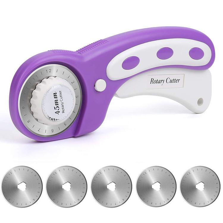 Quilting with Friends 45 mm Purple Ergonomic Rotary Cutter with Bonus 5 Pack of Blades